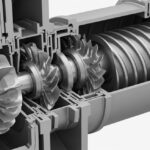 Cutaway 3D render of an industrial multi-stage centrifugal compressor showing internal impellers and volute casing.