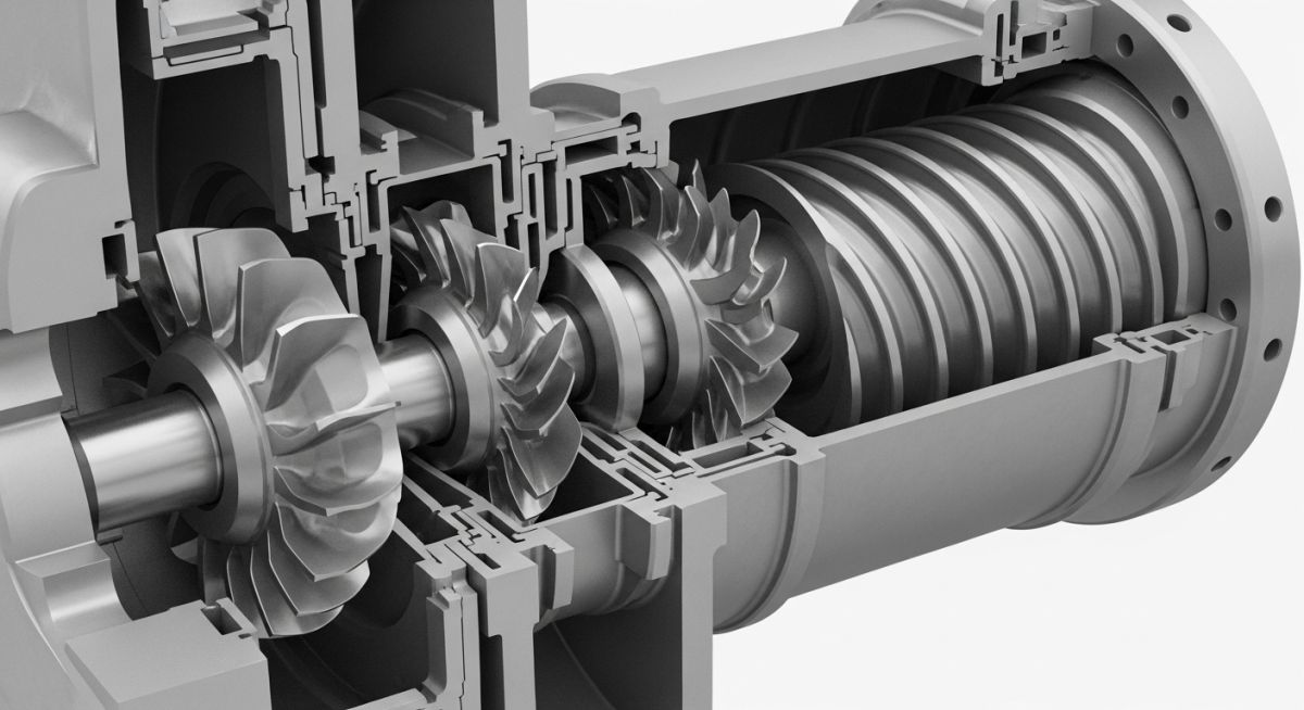 Cutaway 3D render of an industrial multi-stage centrifugal compressor showing internal impellers and volute casing.
