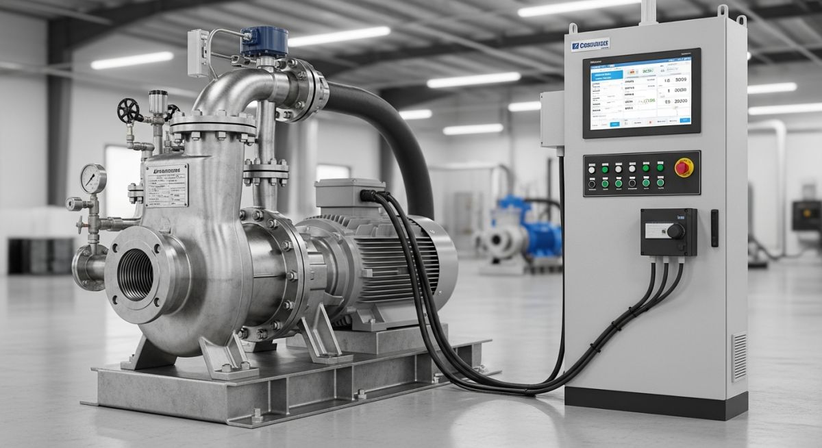 Industrial centrifugal pump system with variable speed control drive panel
