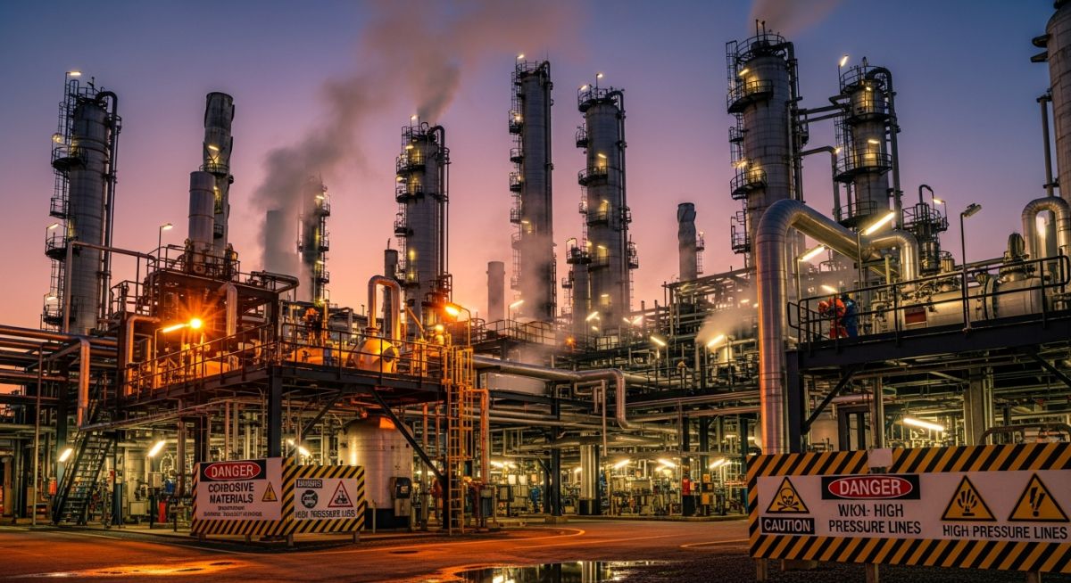 An industrial chemical processing facility representing a hazardous environment with complex piping and safety signs.