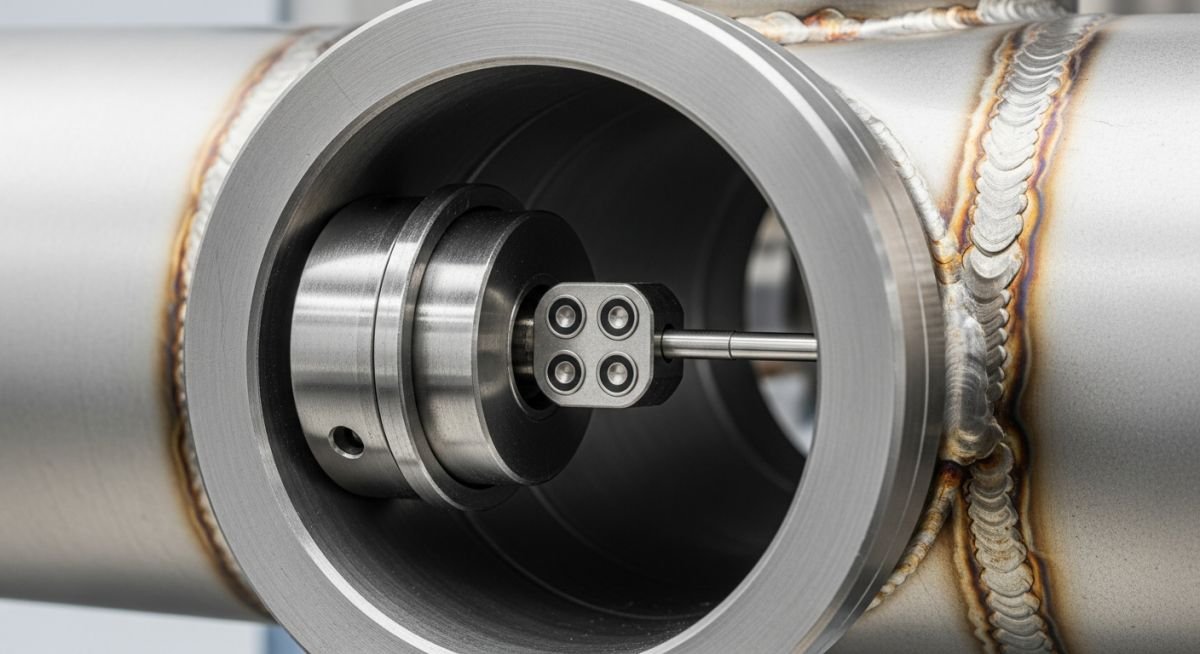 Industrial four-electrode conductivity sensor probe installed in a stainless steel process piping system for real-time fluid analysis.