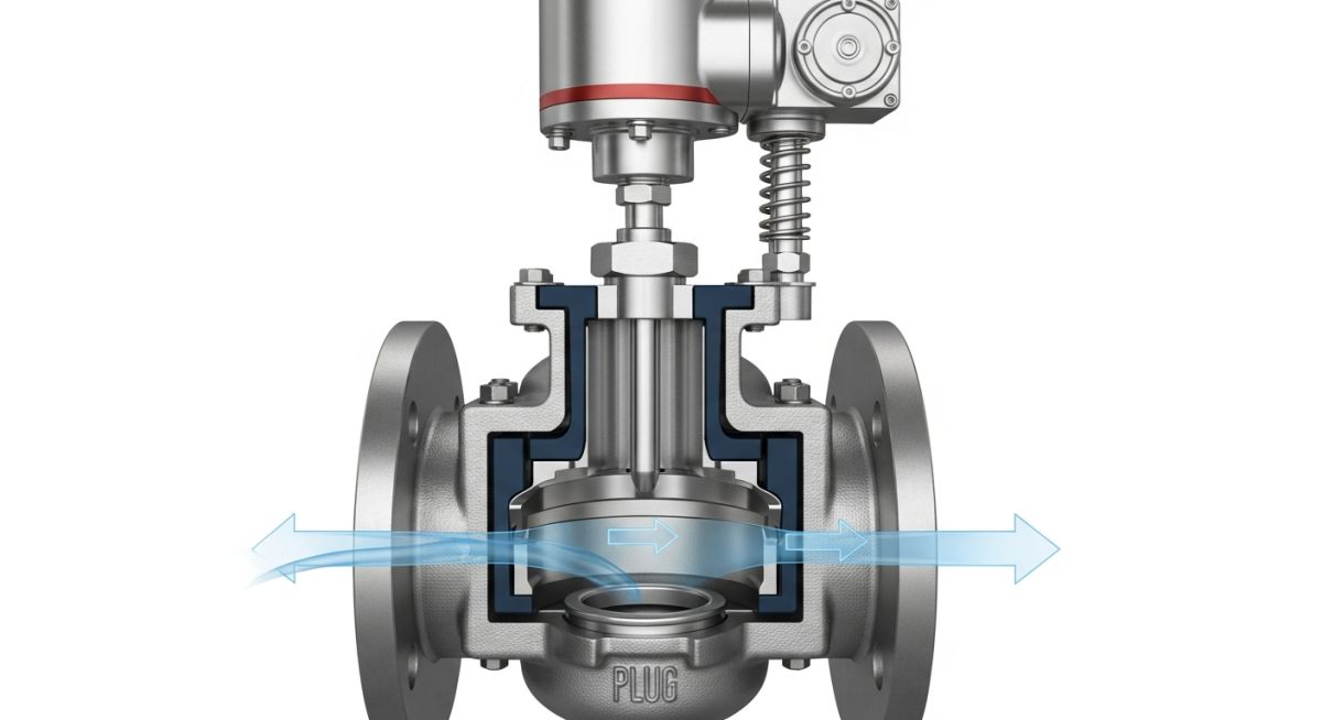Cross-section of an industrial globe control valve showing internal trim, plug, seat, and pneumatic actuator assembly for process flow regulation.