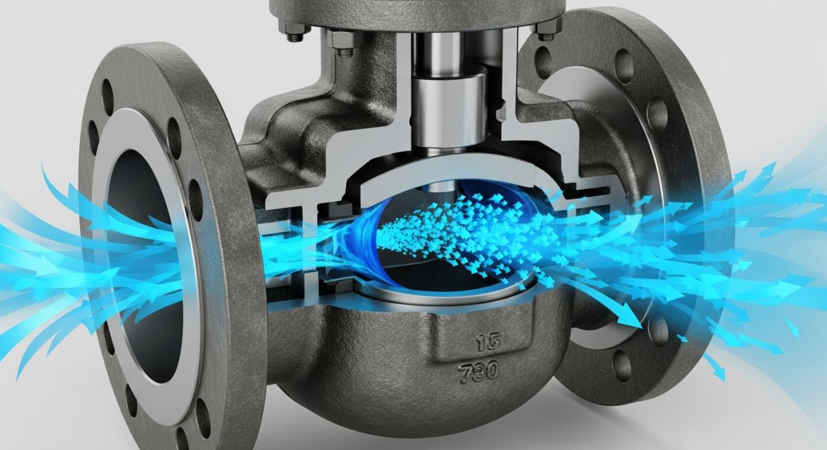 Industrial globe control valve with fluid flow arrows illustrating the concept of valve coefficient Cv.