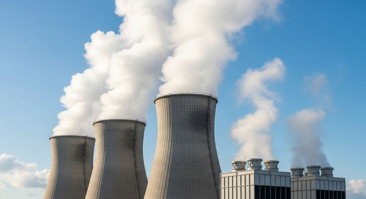 Industrial cooling towers operating efficiently under a clear blue sky.