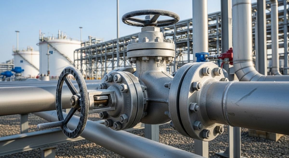 Industrial cryogenic valve with extended bonnet installed in a frosted piping system at an LNG plant.