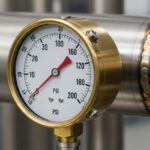 Close-up of an industrial dial pressure gauge mounted on a stainless steel pipe.
