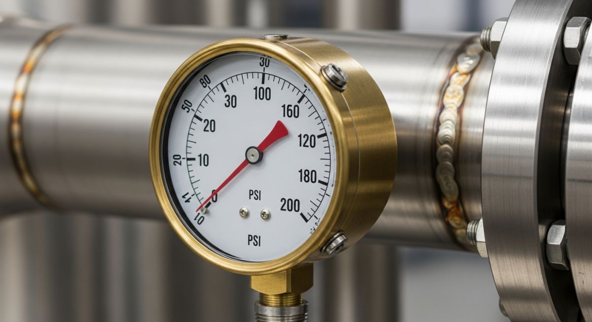 Close-up of an industrial dial pressure gauge mounted on a stainless steel pipe.