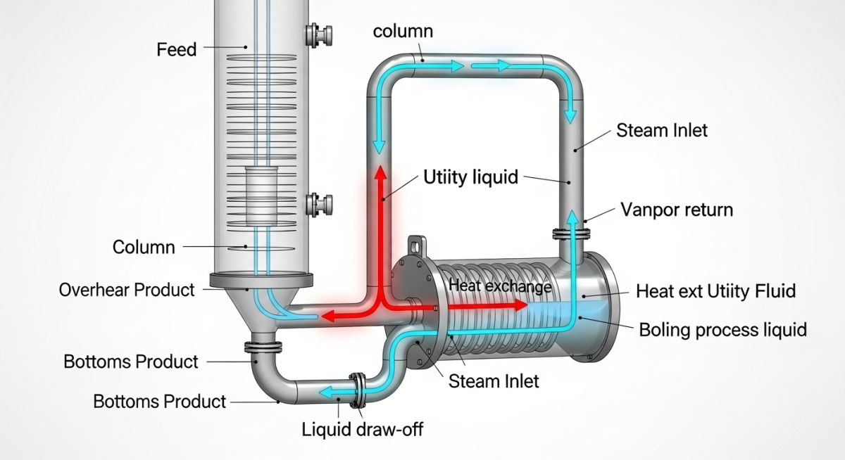 3D render of an industrial distillation column with a connected thermosyphon reboiler showing fluid circulation.