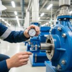 Industrial engineer checking shaft alignment on a centrifugal pump during commissioning.