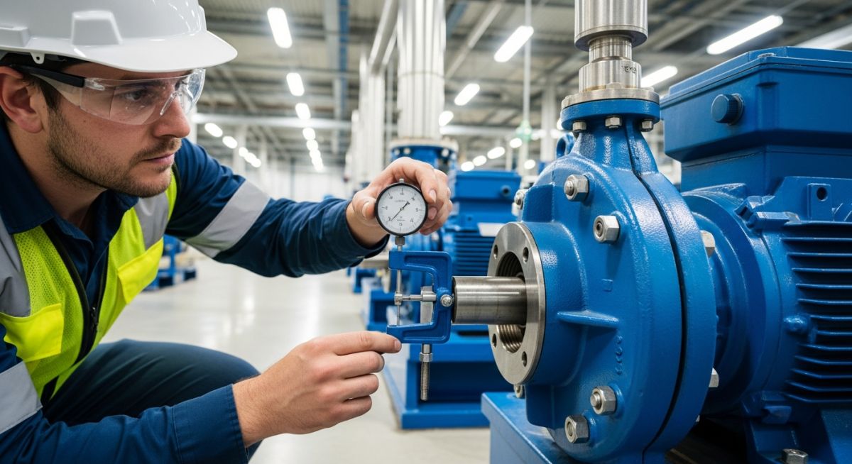 Industrial engineer checking shaft alignment on a centrifugal pump during commissioning.