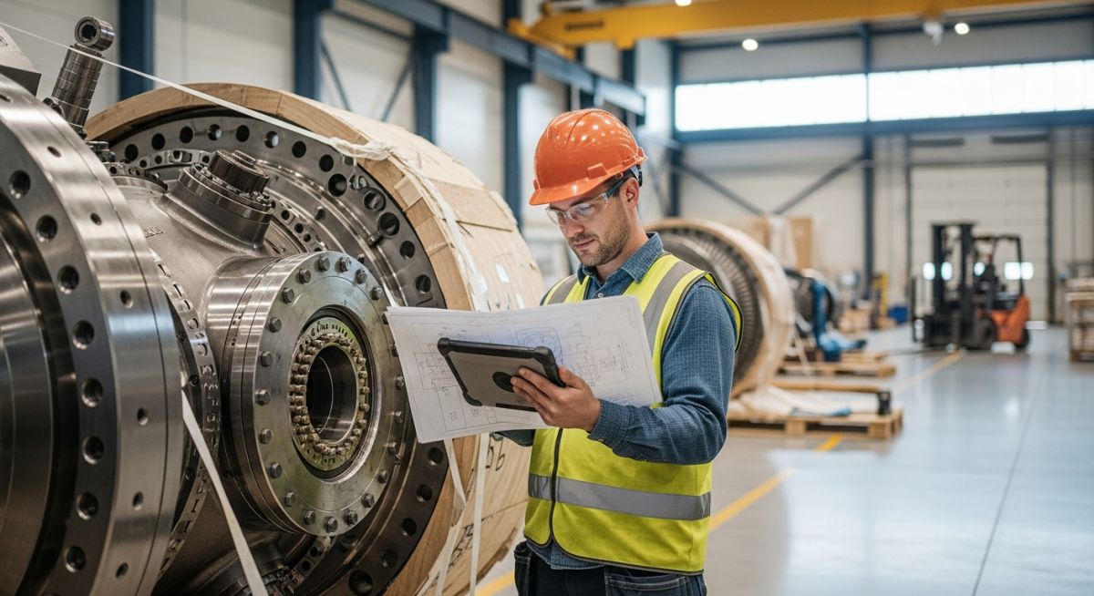 Industrial engineer reviewing technical specifications on a tablet next to large manufacturing equipment.