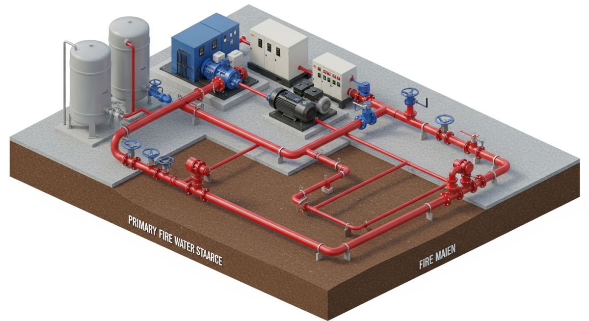 3D isometric diagram of an industrial fire protection system showing water storage tanks, pump skids, and red fire water distribution piping.