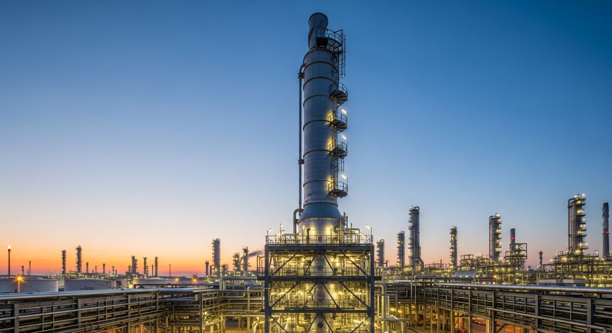 Industrial vertical cylindrical fired heater at a petrochemical refinery plant.