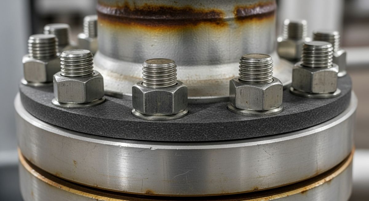 Industrial flange connection with high-strength alloy steel studs and nuts in a refinery piping system.