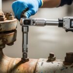 Engineer tightening bolts on a steel pipe flange using a torque wrench.