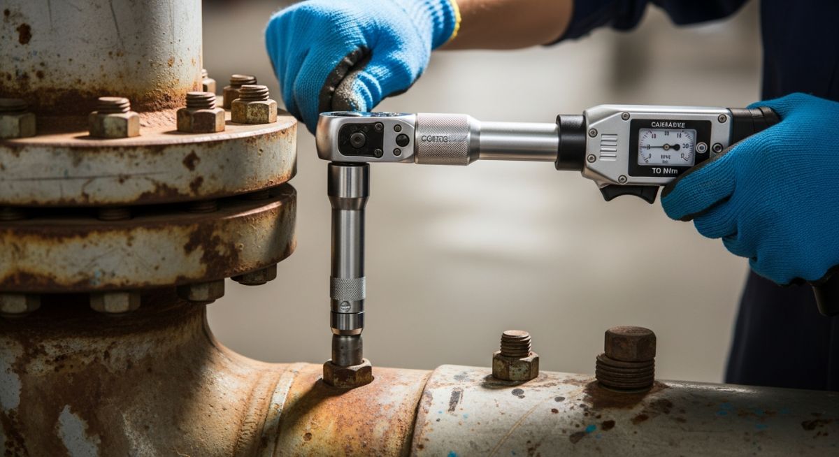 Engineer tightening bolts on a steel pipe flange using a torque wrench.