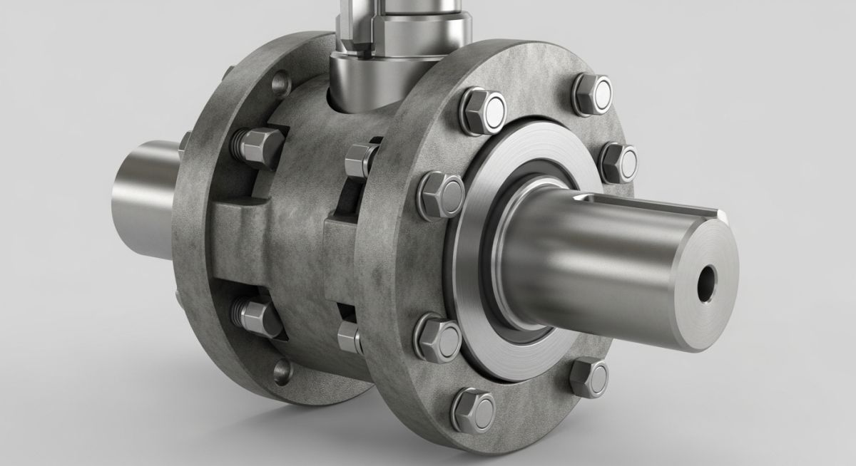 Heavy-duty industrial flange coupling connecting two steel shafts.