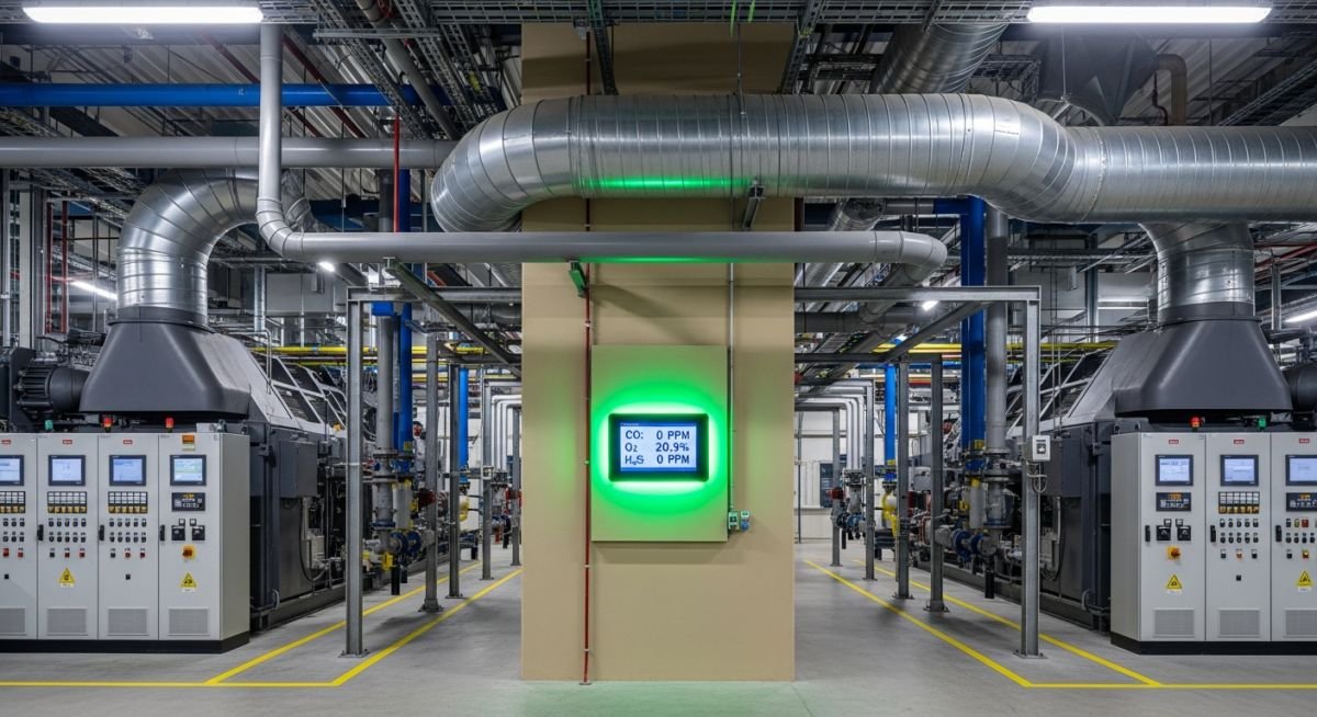 Industrial gas detection sensor mounted on a steel column in a manufacturing plant to prevent Carbon Monoxide Poisoning.