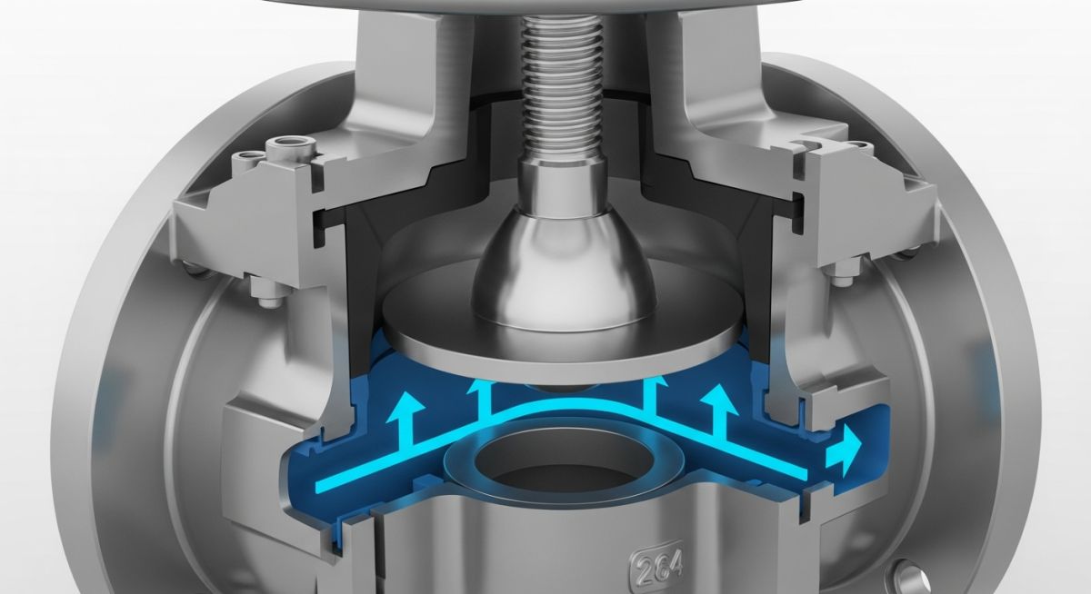 3D cutaway diagram of an industrial globe valve showing internal parts and fluid flow direction.