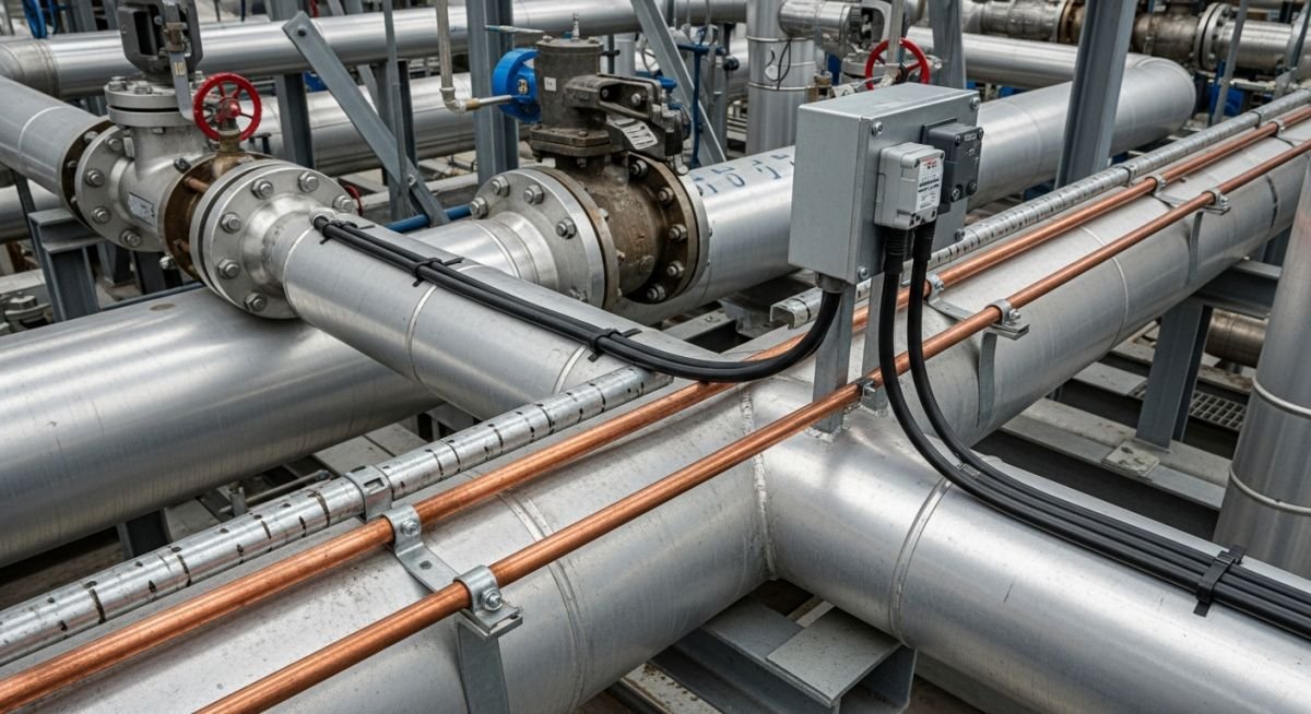 Industrial pipe rack showing side-by-side installation of steam tracing and electric heat tracing systems on process lines.