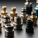 A collection of industrial hose connectors made of brass, stainless steel, and plastic on a workbench.