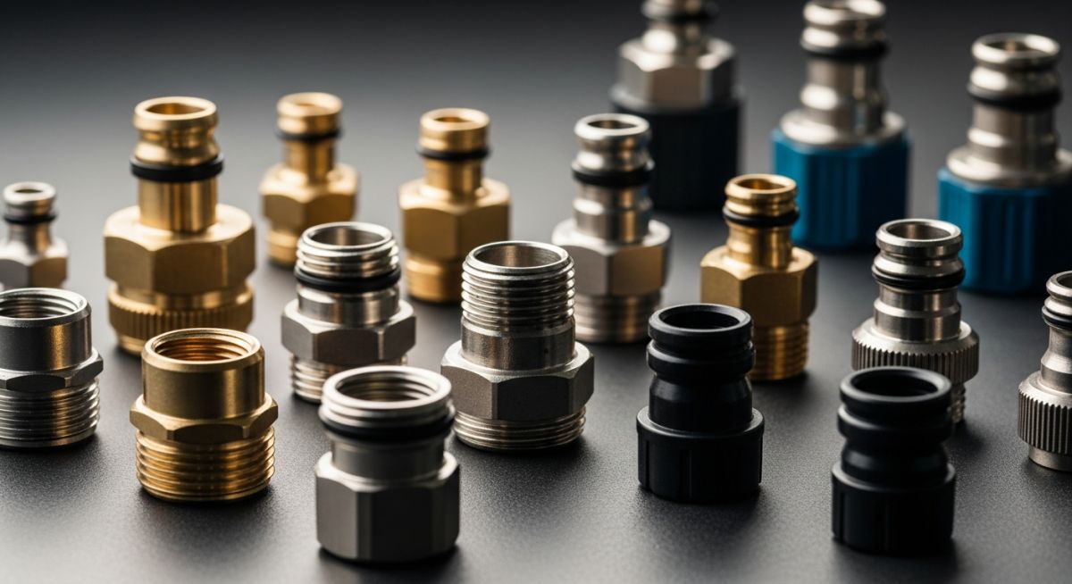 A collection of industrial hose connectors made of brass, stainless steel, and plastic on a workbench.