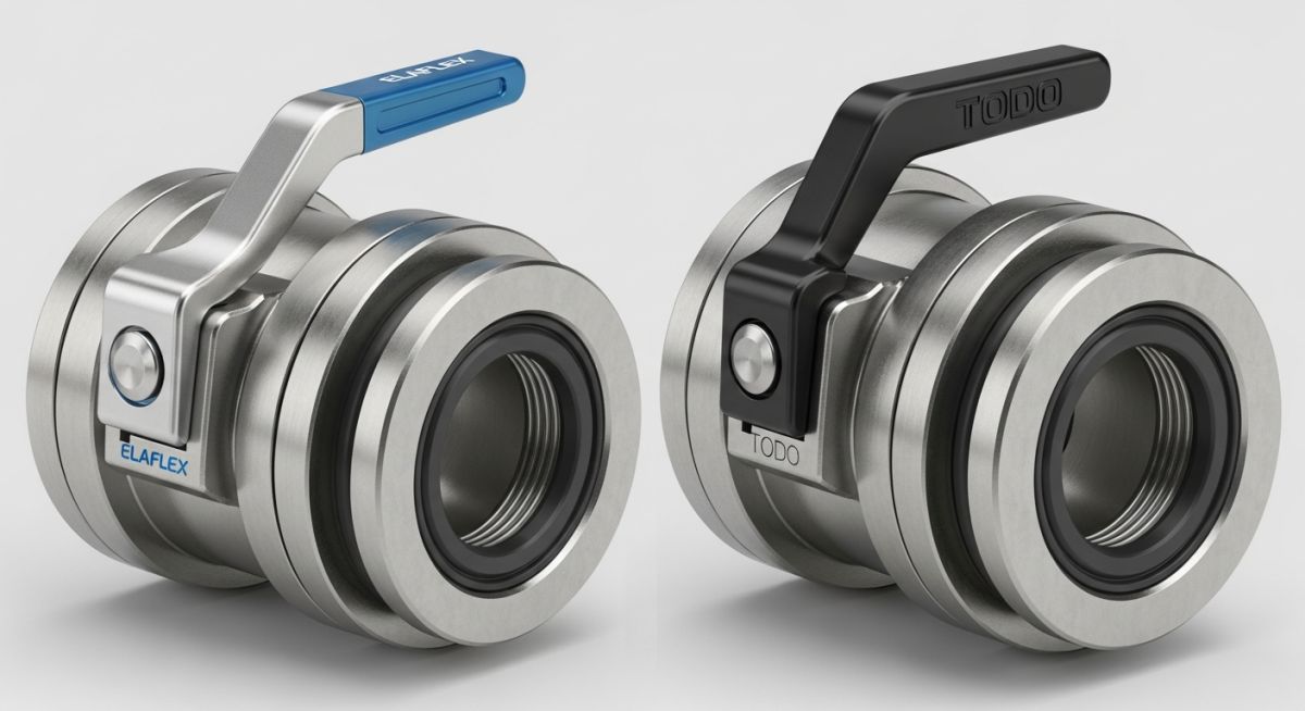 Close-up view of industrial Elaflex and Todo hose couplings showing locking mechanisms and stainless steel construction for chemical transfer.