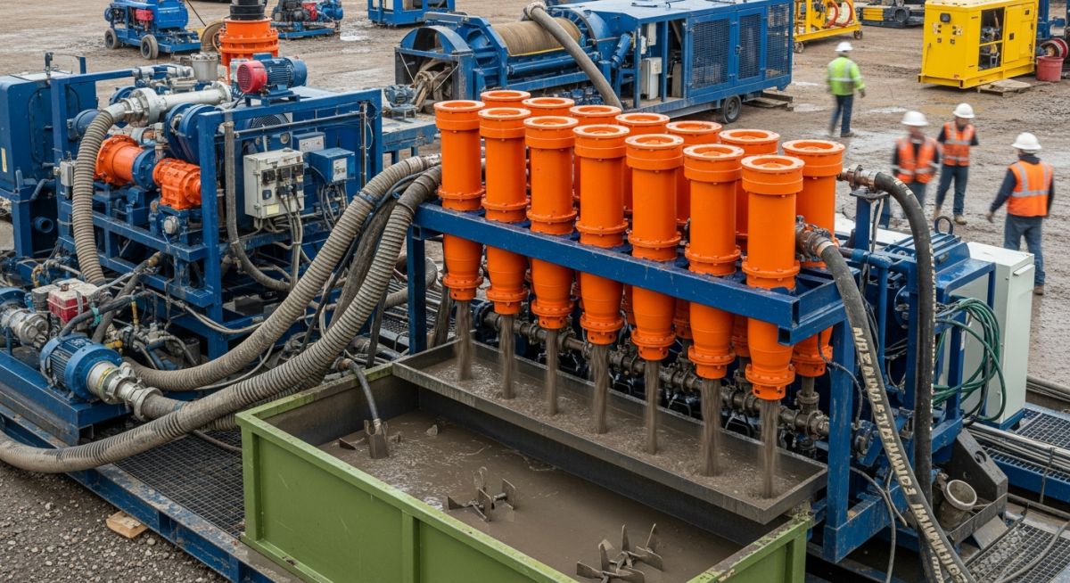 Industrial hydrocyclone desander unit used in solids control systems.