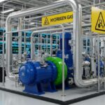 Industrial hydrogen compression system facility with stainless steel piping and modern compressor equipment.