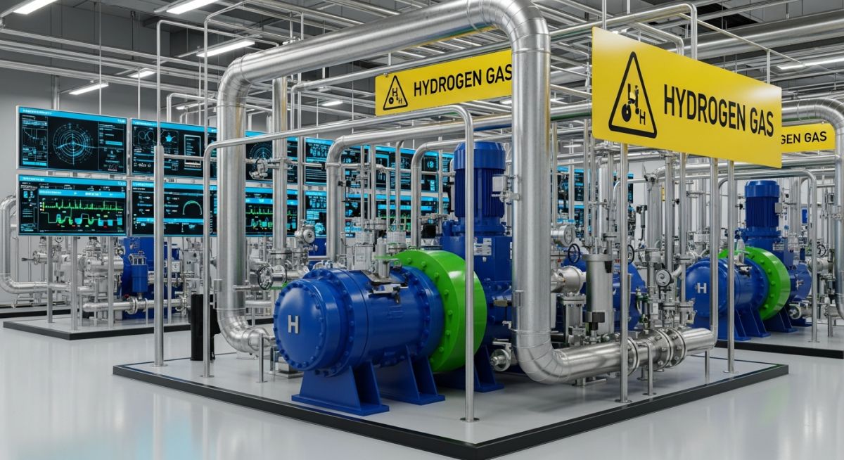 Industrial hydrogen compression system facility with stainless steel piping and modern compressor equipment.