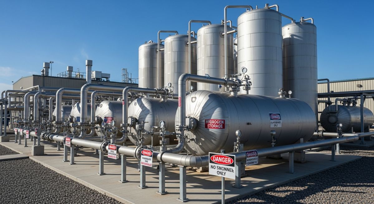 Modern industrial hydrogen storage facility with stainless steel tanks and safety piping.
