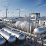 Modern industrial hydrogen storage facility with high-pressure tanks and clean energy infrastructure.