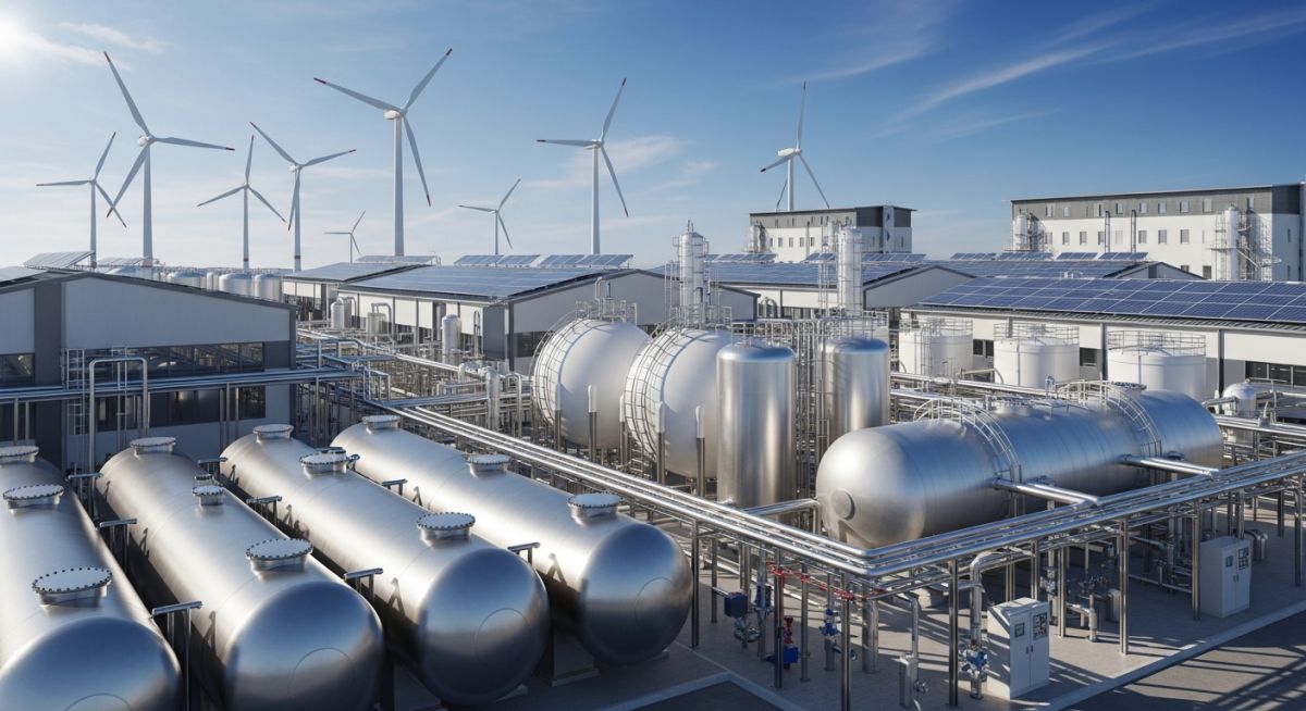 Modern industrial hydrogen storage facility with high-pressure tanks and clean energy infrastructure.