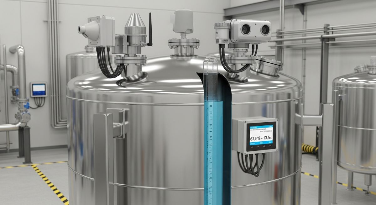 Industrial storage tank with ultrasonic and radar level measurement sensors installed on top.