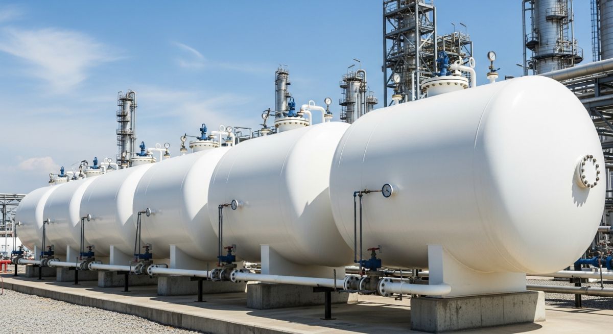 Large white horizontal LPG bullet storage tanks at an industrial petrochemical plant.