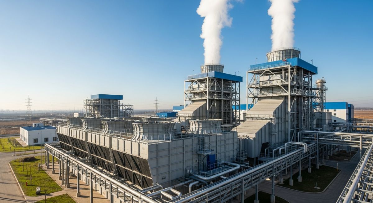 Large mechanical draft cooling towers operating at an industrial plant
