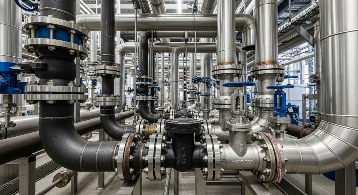 Industrial metallic piping manifold with carbon steel and stainless steel pipes, flanges, and valves in a processing plant.