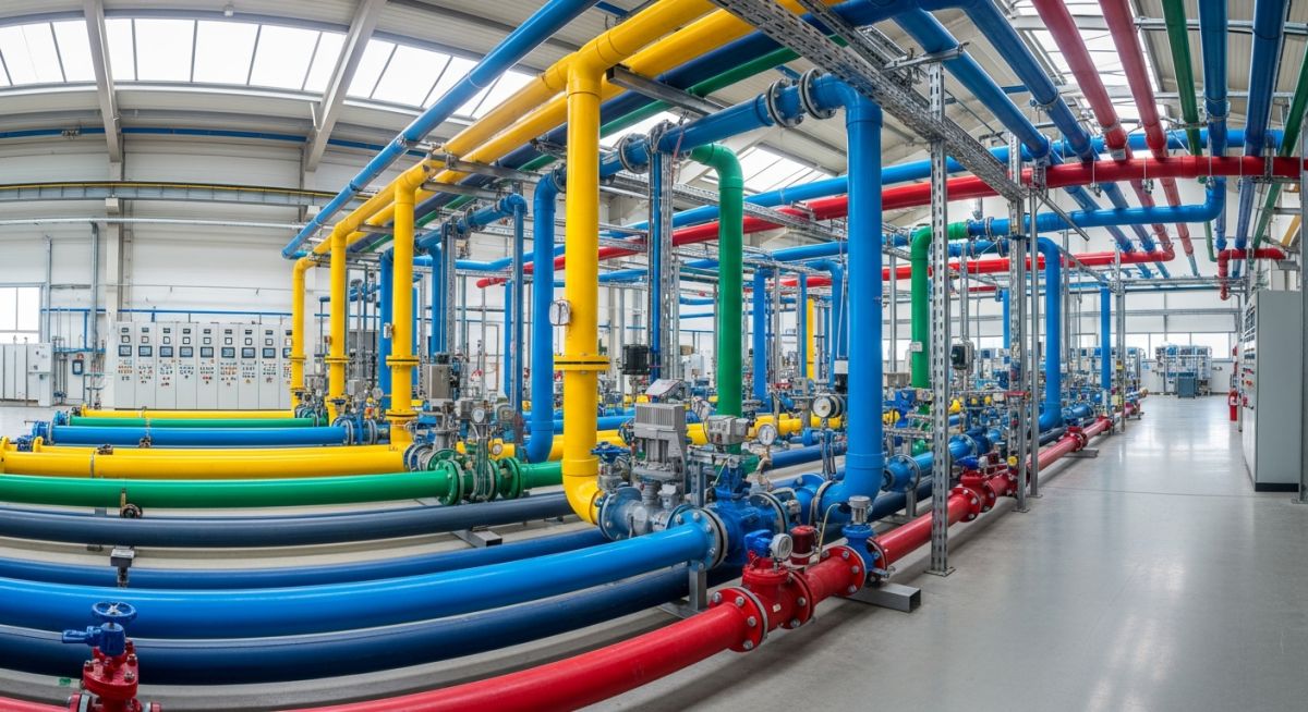 Industrial installation of colorful non-metallic thermoplastic pipes and valves in a modern facility.
