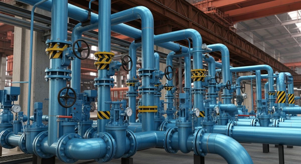 Industrial oxygen pipeline system with control valves in a steel manufacturing plant.