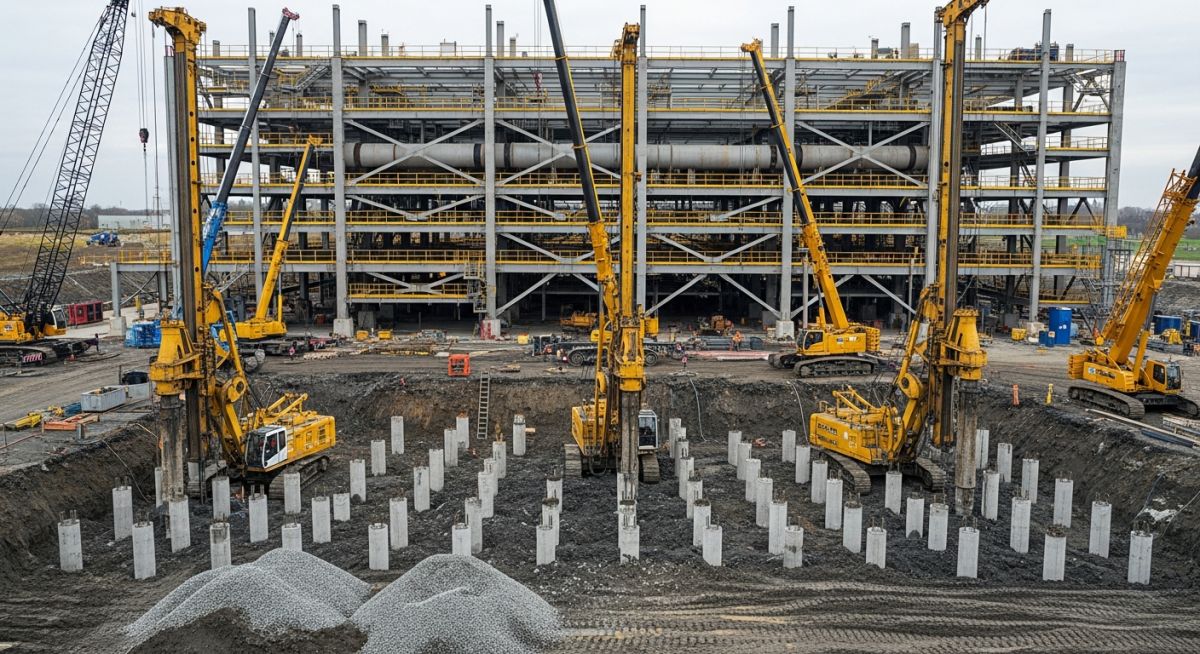 Construction site showing reinforced concrete piles supporting a heavy industrial steel pipe rack structure in a refinery.