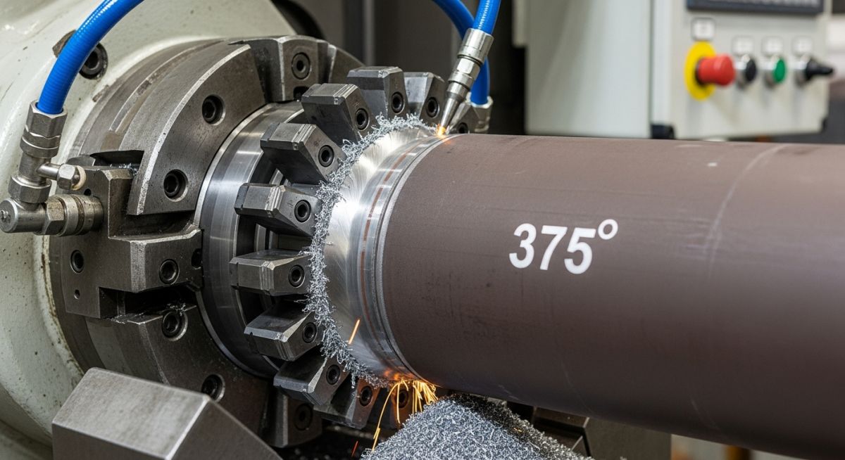 Industrial pipe bevelling machine cutting a precise bevel on a large steel pipe.