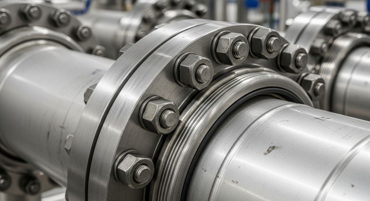 Close-up of a high-pressure industrial pipe flange connection with bolts and gasket in a refinery setting.