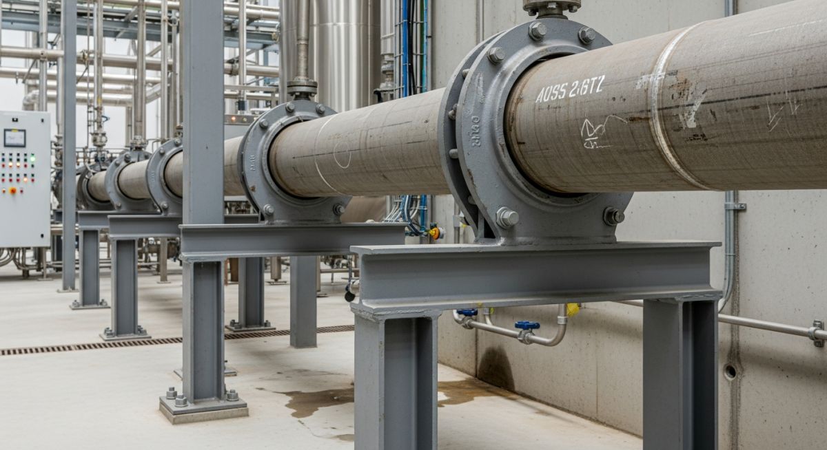 Industrial pipe hangers and supports holding a steel pipeline in compliance with MSS SP-58 standards.