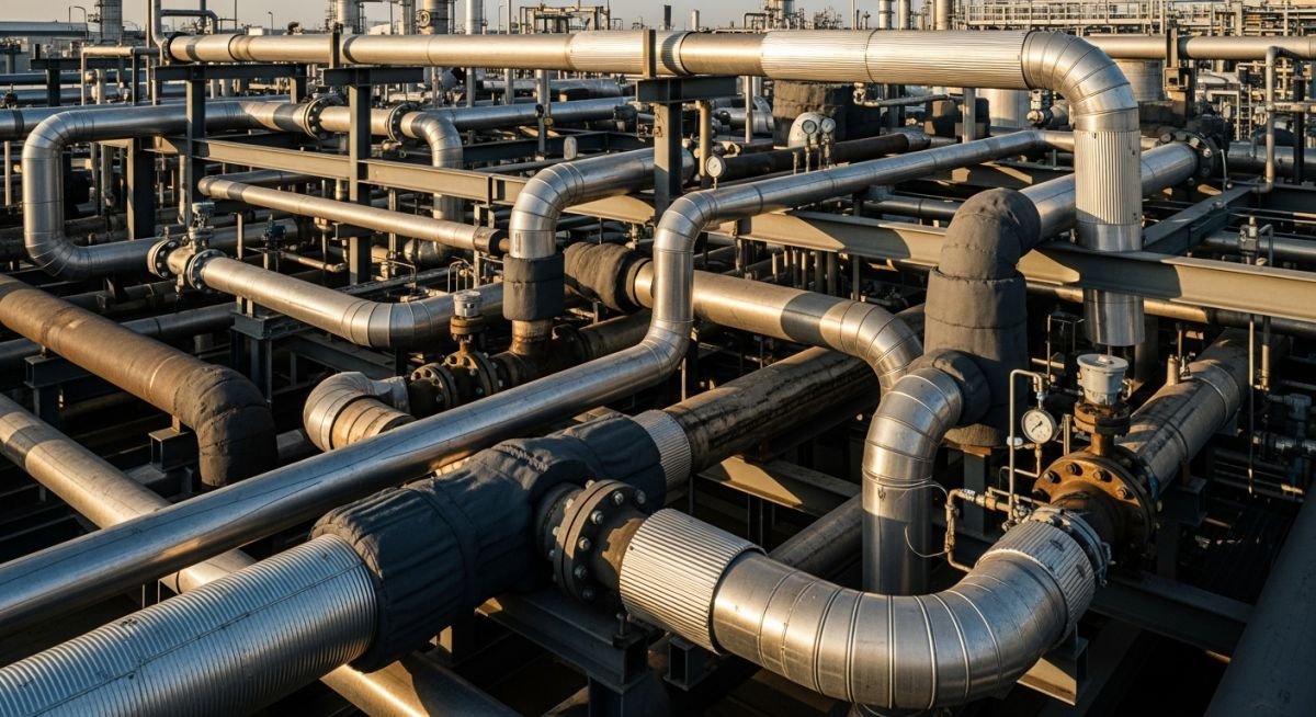 Industrial pipe rack showing diverse piping materials and flange connections in a chemical processing plant.