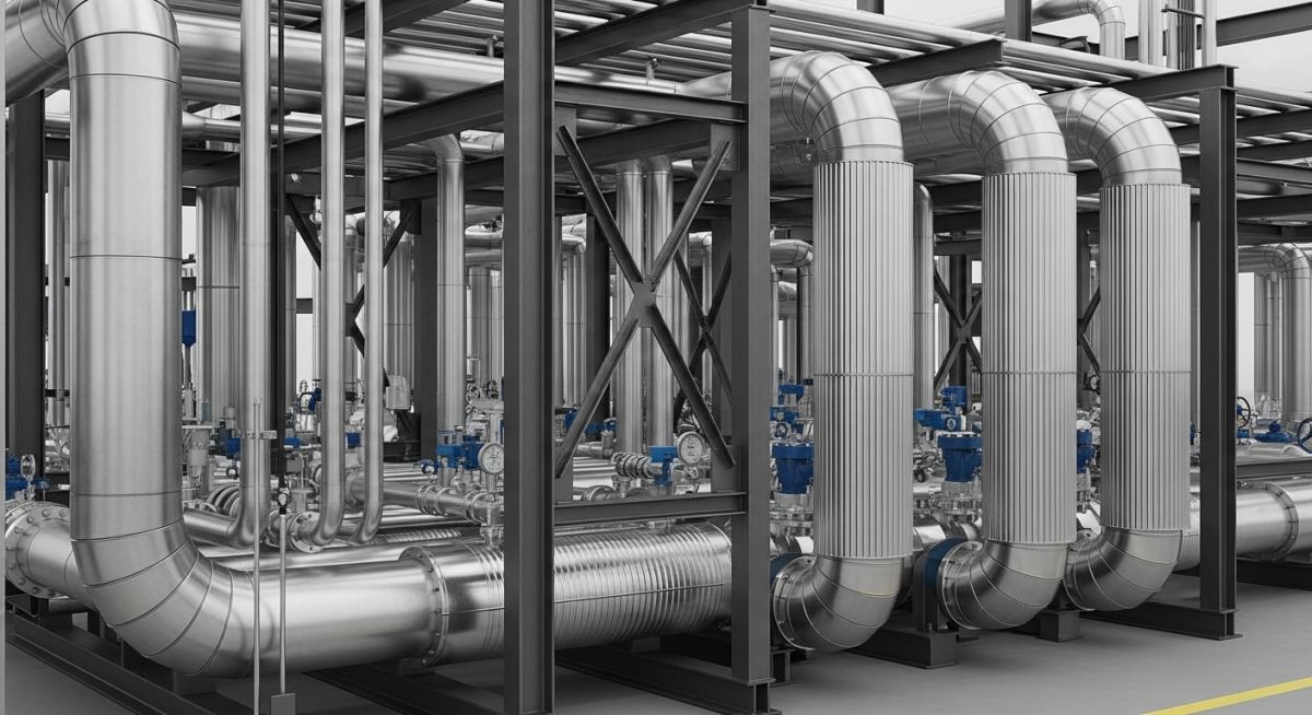 Industrial parallel pipelines on a steel rack showing proper pipe spacing clearance.