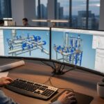 Industrial engineer designing a 3D piping system on a computer in an Indian engineering firm.