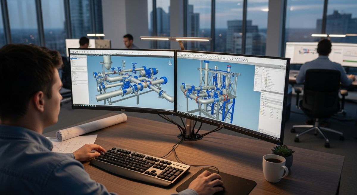 Industrial engineer designing a 3D piping system on a computer in an Indian engineering firm.