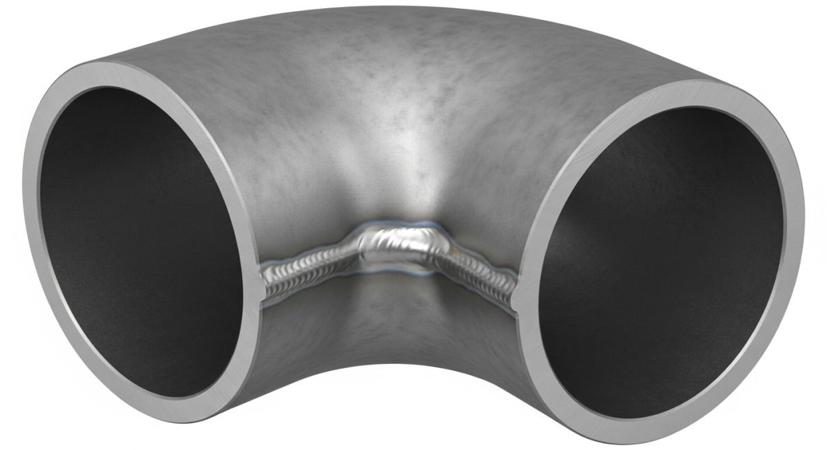 A professional 90-degree butt-weld piping elbow showing beveled ends and smooth internal flow geometry for industrial piping systems.