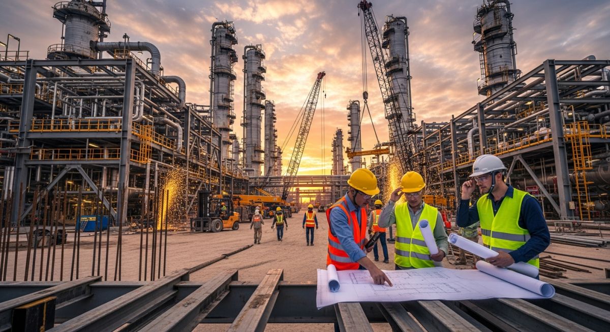 Industrial piping installation and erection at a petrochemical plant with engineers.
