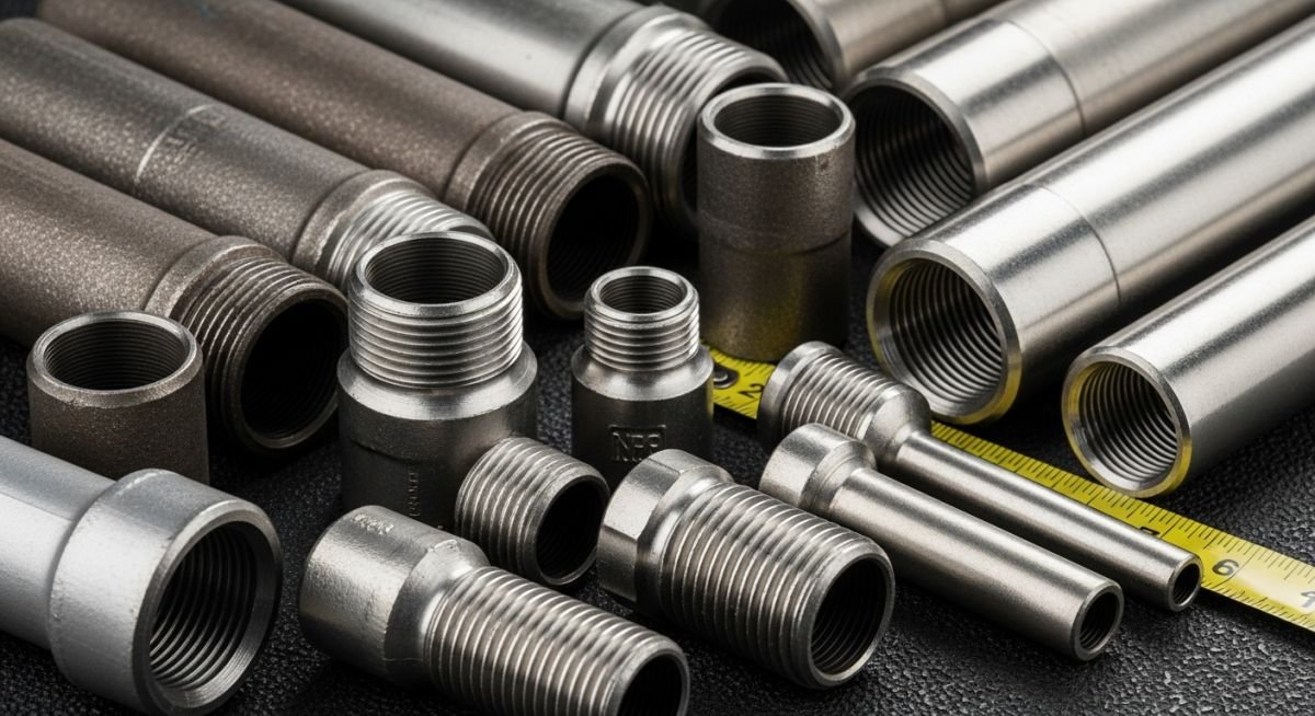 A professional collection of various industrial piping nipples showing NPT threads and different pipe schedules on a clean engineering workshop background.